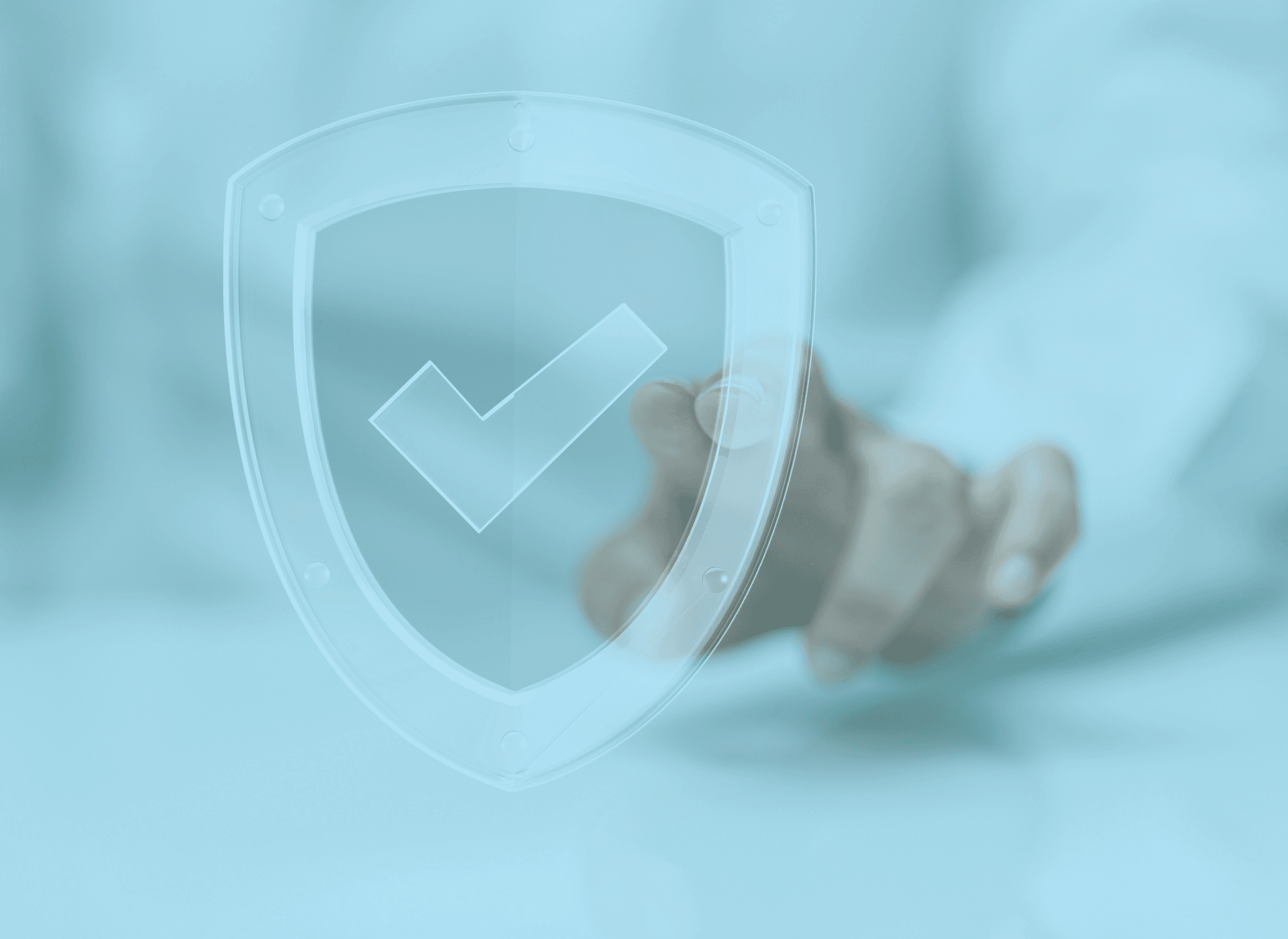 A digital, semi-transparent shield with a white tick in the centre, symbolising security and protection. A blurred hand in the background reaches out to touch the icon, representing user-authorised safety.